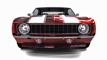 3D Realistic Illustration. Muscle Red Car Rendering Isolated On White Background. Vintage Classic Sport Car. Chevrolet Camaro Headlights. Front Perspective View.