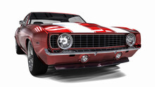 3D Realistic Illustration. Muscle Red Car Rendering Isolated On White Background. Vintage Classic Sport Car. Car Show. Wheels. Bumper. Front Perspective View.	 Chevrolet Camaro Headlights
