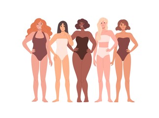 Wall Mural - Diverse woman in underwear. Women with different beauty, body type, shapes, figure, hair, skin color. Females in swimsuits, group portrait. Flat vector illustration isolated on white background