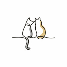 Back View Of Continuous Line Drawing Of Two Cats - Cute Pet Sitting Back With Crooked Tail Isolated On White Background. Editable Stroke Vector Illustration Of Domestic Animal In One Line For Logo.
