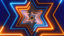Abstract Artistic Blue And Orange Star Of David Judaism Symbol Lines Neon Light Tunnel With Glittering Sparkle Stardust Background