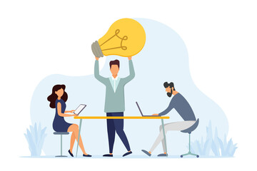 Team brainstorming, idea management, project management, new idea generation, startup collaboration, solution search, product development. Vector illustration.