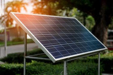 solar panel installed at the park. the evening light. concept using green and clean energy for envir