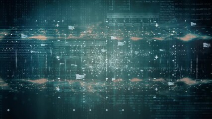 4k abstract dark digital grid data communication technology background footage. Data grid, math formulas and various business icons overlay