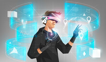 Metaverse Digital Cyber World Technology, Man Holding Virtual Reality Glasses And Haptic Gloves Surrounded With Futuristic Interface 3d Hologram Data, Vector Illustration.