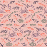 Fototapeta Na ścianę - Graphic seamless pattern with fish and seafood elements