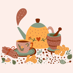 Spicy tea illustration. Hot flavored Spiced tea party print. Cartoon cinnamon, ginger, black paper, cardamon, clove. Cup, mug, teapot, mortar, pestle masala tea vector illustration. Chai tea print.