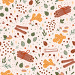 Spicy tea pattern. Spiced tea seamless background. Cartoon cinnamon, ginger, black paper, cardamon, clove. Flavor ingredients, masala tea vector hand drawn illustration. Chai tea print.