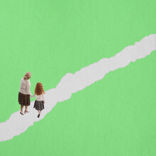 Conceptual Artwork. Middle Age Woman And Little Girl Walking Together Isolated On Green Background. Contemporary Art Collage.