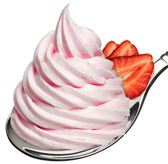 Wall Mural - Whipped frozen yogurt or cream and strawberry in spoon isolated on white background.