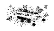 Paint Stains Black Blotch Background. Grunge Design Element. Brush Strokes. Frame For Text With Butterflies . Vector Illustration