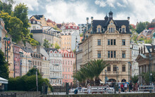 Travel To Karlovy Vary From Czech Republic, 2021. View To The Beautiful Landmarks Architecture Old Buildings Of This City In A Beautiful Sunny Day. 