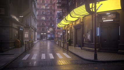Poster - Entrance to a bar or nightclub on a dark street corner in a seedy downtown area at night. 3D rendering.
