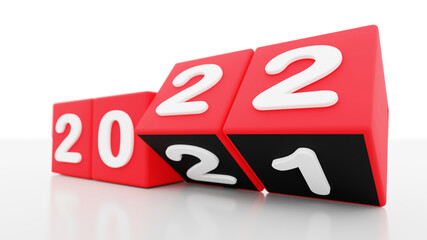 Poster - 2022 new year, happy new year 2022, 3d illustration of 2022 red dices turning black and bad year from 2021 to 2022. white background with empty space for text