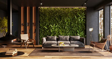 Vertical Green Wall In Modern Living Room Interior, 3d Render 