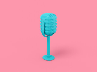 Poster - Blue one color vintage microphone on a pink flat background. Minimalistic design object. 3d rendering icon ui ux interface element.