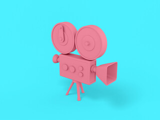 Poster - Pink mono color retro video camera on a blue solid background. Minimalistic design object. 3d rendering icon ui ux interface element.