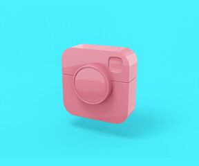 Poster - Pink camera popular social network on a blue background. Minimalistic design object. 3d rendering icon ui ux interface element.