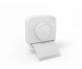 Poster - White camera with instant photos on a white background. Minimalistic design object. 3d rendering icon ui ux interface element.
