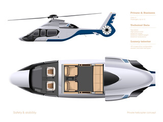 Wall Mural - Private helicopter interior. 3d cockpit blueprint. Top, side view of business vehicle. Isolated cabin drawing. Modern transportation