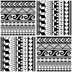 Poster - Polynesian tribal seamless vector pattern with geometric shapes - triangles, waves zig-zag, ethnic Hawaiian textile or fabric print in black and whtie
