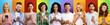 Set of international men and women with smartphones posing on different colorful studio backgrounds, panorama