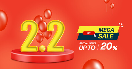 
 Yellow 2.2 text 3D is placed on a red circle podium and has a balloon on the back for a mega sale promotion design template day 2 month 2 with a 20% discount promotion,vector for advertising design