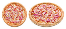 Delicious Pizza With Bacon, Ham, Mozzarella, Onion And Tomato Sauce, Isolated On White Background