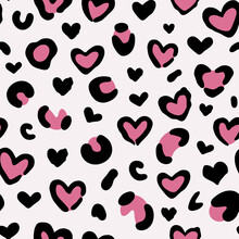 Heart Leopard Print. Camouflage Leopard Vector Seamless Pattern On Pink Background. Leopard Skin Texture. Pink Leopard Heart Pattern On Valentine's Day.