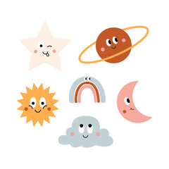 Poster - Colorful set of funny cartoon icons sun, cloud, planet, moon and rainbow isolated on white background. Cute vector characters illustration 