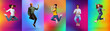 © Prostock-studio - Expressing joy and happiness. Full length of energetic diverse young people jumping over colorful neon backgrounds
