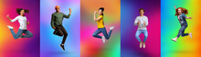 Expressing Joy And Happiness. Full Length Of Energetic Diverse Young People Jumping Over Colorful Neon Backgrounds