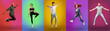 © Prostock-studio - Expressing joy and happiness. Full length of active energetic young men and women jumping over neon color backgrounds