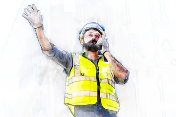 Wall Mural - Digital painting and drawing of Logistics engineer stand on and Pointing up around Shipping container stacker in commercial transport port