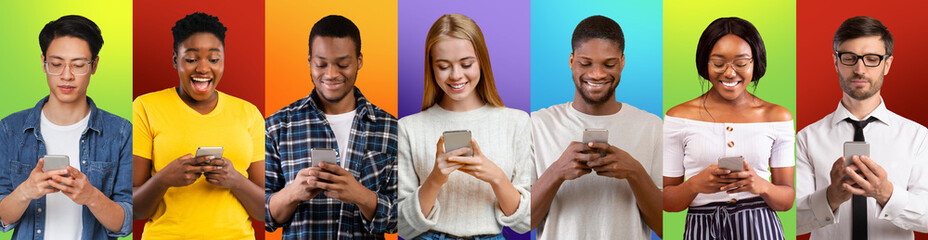 Poster - Diverse men and women using smartphones over colorful background, collage