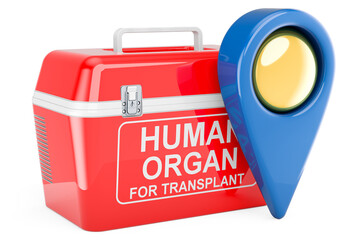 Poster - Portable fridge for transporting donor organs with map pointer. 3D rendering