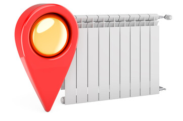 Poster - Heating radiator with map pointer. 3D rendering