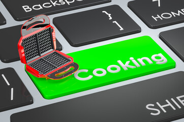 Canvas Print - Waffle iron on keyboard. Cooking green key, 3D rendering