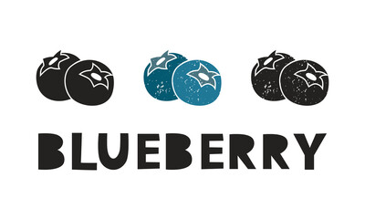 Fototapete - Blueberry, silhouette icons set with lettering. Imitation of stamp, print with scuffs. Simple black shape and color vector illustration. Hand drawn isolated elements on white background