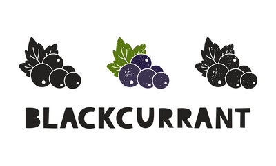 Fototapete - Blackcurrant, silhouette icons set with lettering. Imitation of stamp, print with scuffs. Simple black shape and color vector illustration. Hand drawn isolated elements on white background