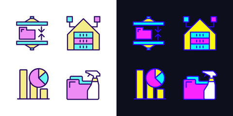 Poster - Data mining processes light and dark theme RGB color pixel perfect icons set. Extract, analyze and keeping digital information. Simple filled line drawings pack on white and black space