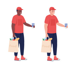 Poster - Delivery worker with food semi flat color vector character set. Standing figure. Full body people on white. Service isolated modern cartoon illustration for graphic design and animation collection