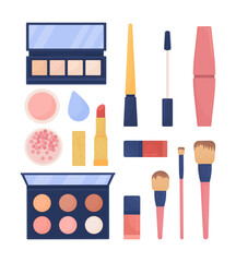 Poster - Cosmetics products semi flat color vector object set. Beauty and make up tool. Realistic item on white. Lifestyle isolated modern cartoon style illustration for graphic design and animation collection