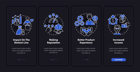 Benefits of customer service night mode onboarding mobile app screen. Walkthrough 4 steps graphic instructions pages with linear concepts. UI, UX, GUI template. Myriad Pro-Bold, Regular fonts used