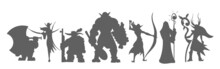 Sketch Of Game Races And Classes Of Multiplayer Games. Dwarf Warrior,Dark Elf, Dwarf Shooter, Orc