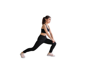 A Southeast Asian woman in black workout clothes stretching before exercising. isolated on a white background