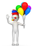 Fototapeta Natura - Weißes 3D Männchen mit bunten Luftballons, Faschingskappe und roter Nase als Clown, isoliert auf weißem Hintergrund 3D Rendering