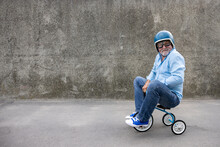Funny Businessman Driving Retro Trike Outdoor