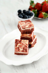 Red Velvet Chocolate Cream Cheese Brownie with Swirl Motif on Top, Two Layer Delicious Homemade Cake.