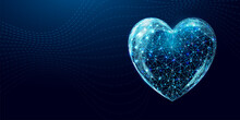 Blue Heart. Happy Valentine's Day Concept. Wireframe Low Poly Style. Abstract Modern 3d Vector Illustration On Dark Blue Background.